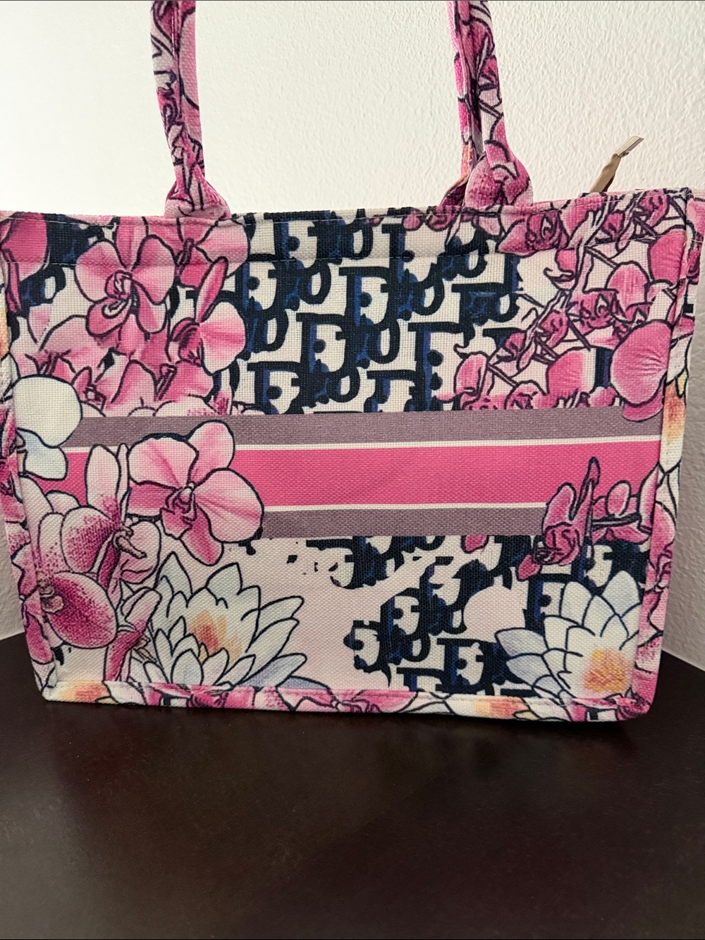 Pink & Navy Blue D’s Weekend / Beach Bag with Floral Design.